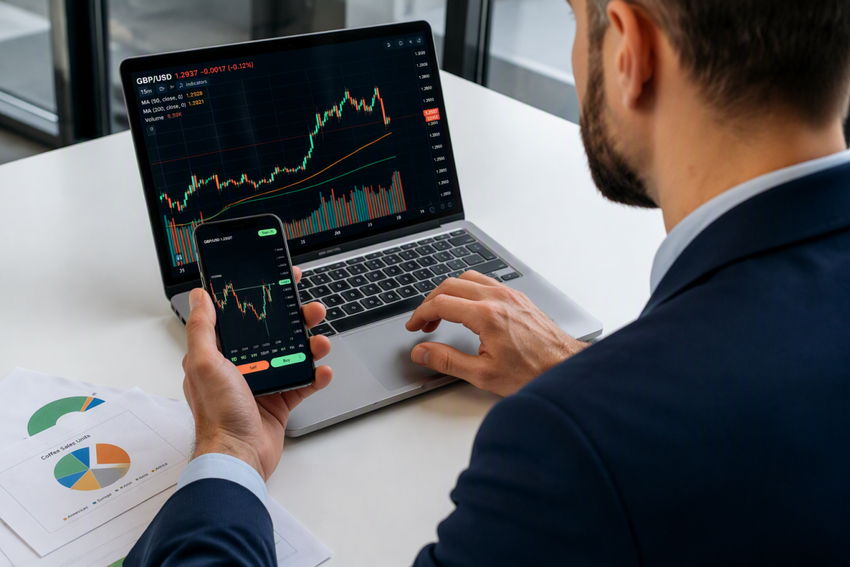 hombre revisa valores bursatiles desde pc y movil
